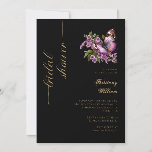 黒エレガント色と金ゴールド:パーソナライズされたブライダルシャワー 招待状 (正面)
