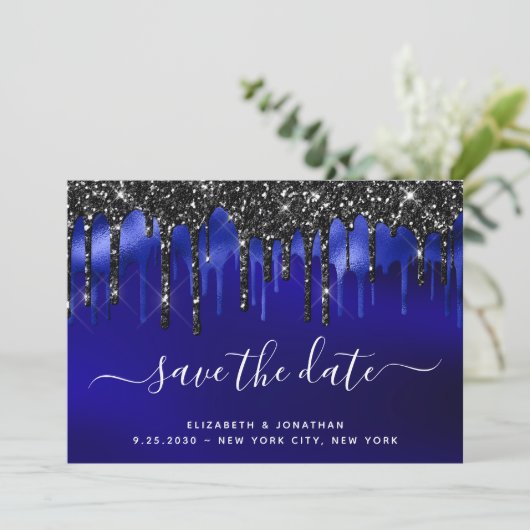 黒エレガント色のグリッターが表示された日付を保存 招待状 (スタンド正面)