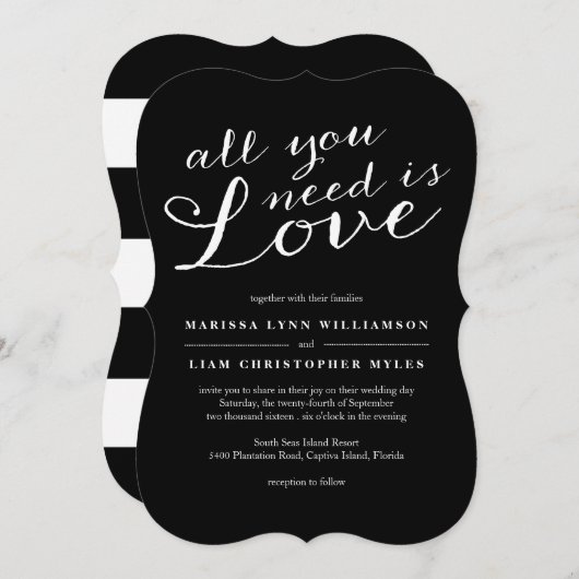 黒エレガント色のストライプ結婚式招待状 招待状 (正面/裏面)