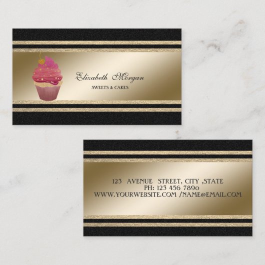 黒エレガント色のフェイク金ゴールドのストライプカップケーキ 名刺 (正面/裏面)