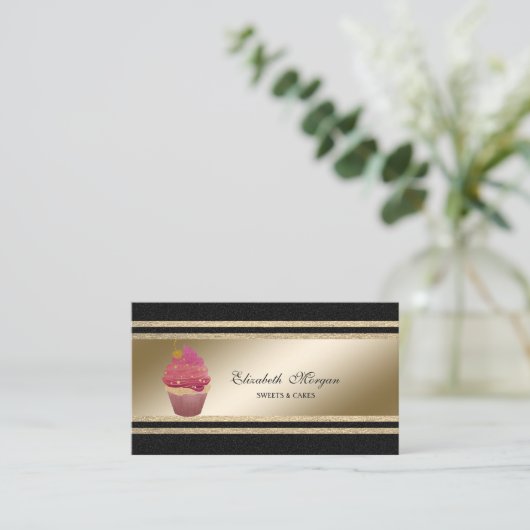 黒エレガント色のフェイク金ゴールドのストライプカップケーキ 名刺 (スタンド正面)
