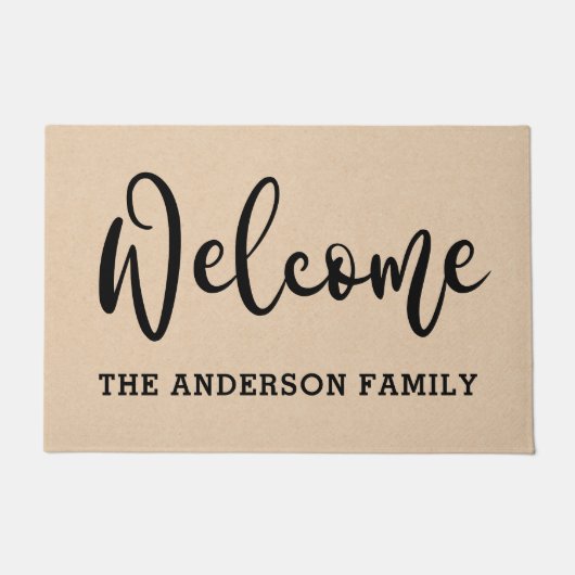 黒エレガント色の中立または家族の名前の歓迎 ドアマット (正面)