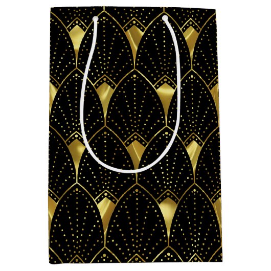 黒エレガント色の光沢のある金ゴールドアールデコパターン ミディアムペーパーバッグ (正面)