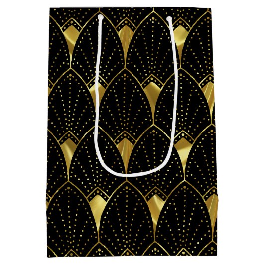 黒エレガント色の光沢のある金ゴールドアールデコパターン ミディアムペーパーバッグ (裏面)
