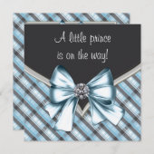 黒エレガント色の灰色の格子状プリンス赤ちゃんシャワー 招待状 (正面/裏面)