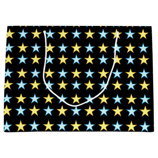 黒エレガント色の黄色と青の星模様 ラージペーパーバッグ (正面)