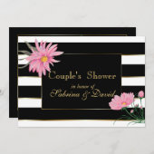 黒エレガント色ストライプフローラカップルのシャワー 招待状 (正面/裏面)