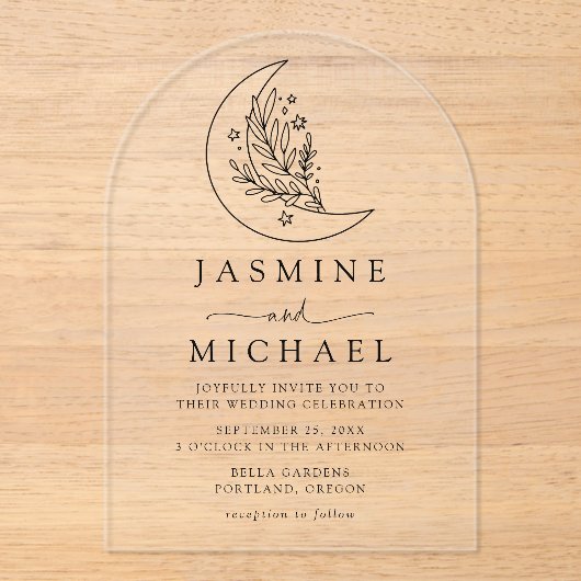 黒エレガント色植物月と星結婚の アクリル招待状 (正面)