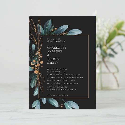 黒エレガント色金ゴールド(イミタット)植物学 招待状 (スタンド正面)