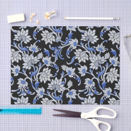 黒エレガント色、スモークブルー&ホワイトフローラつる植物 薄葉紙 (クラフト)