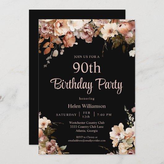 黒エレガント色・ピンクフローラ90誕生日 招待状 (正面/裏面)