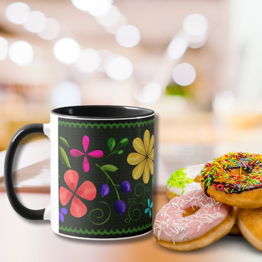 黒エレガント色 |ラテンアメリカのフォークフローラ マグカップ