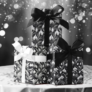 黒エレガント色   白い降雪花柄 ラッピングペーパーシート