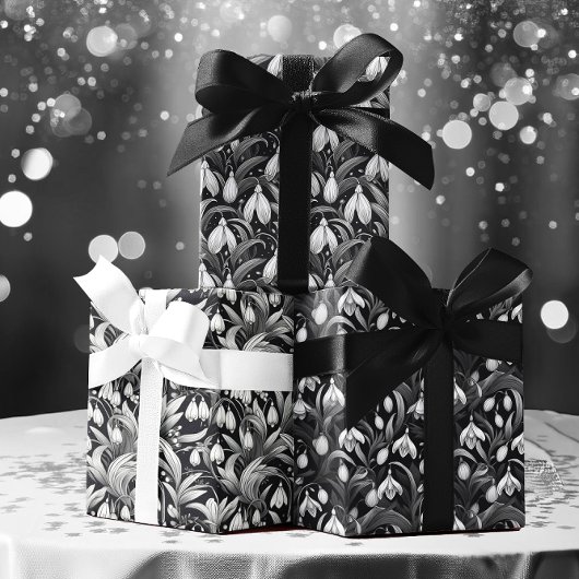 黒エレガント色 | 白い降雪花柄 ラッピングペーパーシート