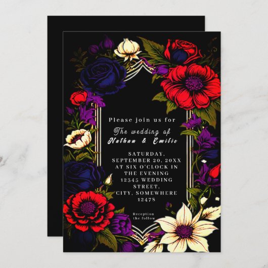 黒エレガント色・赤ゴシック結婚式招待状 招待状 (正面/裏面)