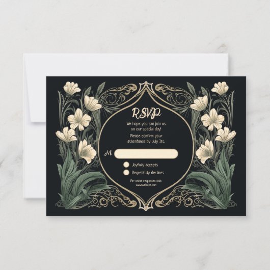 黒エレガント色・金ゴールドアールヌーボーフローラ 出欠カード (正面)