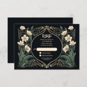 黒エレガント色・金ゴールドアールヌーボーフローラ 出欠カード (正面/裏面)