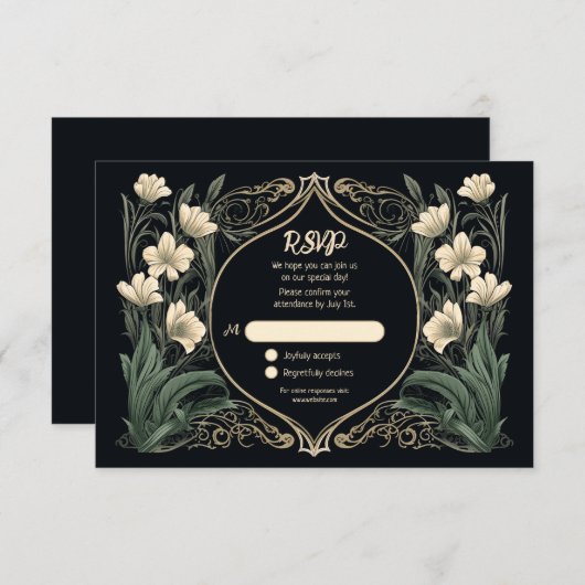 黒エレガント色・金ゴールドアールヌーボーフローラ 出欠カード (正面/裏面)