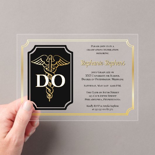 黒エレガント色 | 金ゴールドドクターDO卒業パーティー アクリル招待状 (インサイチュ (ポータブル))
