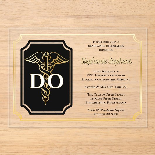 黒エレガント色 | 金ゴールドドクターDO卒業パーティー アクリル招待状 (正面)