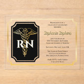 黒エレガント色 |金ゴールドナースRN卒業パーティー アクリル招待状 (正面)