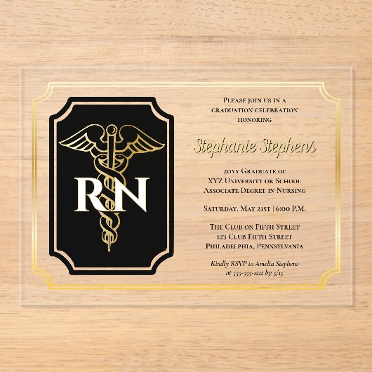 黒エレガント色 |金ゴールドナースRN卒業パーティー アクリル招待状 (正面)