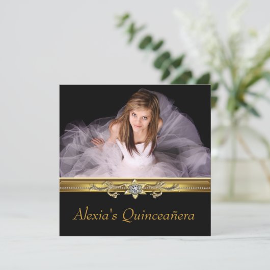 黒エレガント色・金ゴールド写真キンセアニェラ 招待状 (スタンド正面)