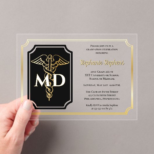 黒エレガント色 | 金ゴールド医師MD卒業党 アクリル招待状 (インサイチュ (ポータブル))