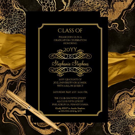 黒エレガント色 |金ゴールド大学卒業パーティー 招待状