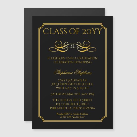 黒エレガント色 |金ゴールド大学卒業パーティーI マグネット招待状 (正面/裏面)
