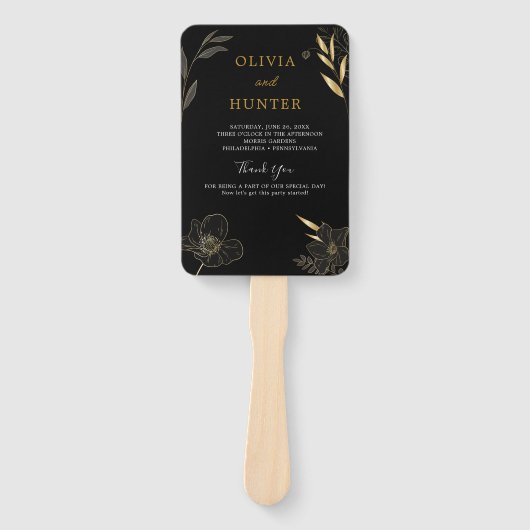 黒エレガント色、金ゴールド結婚式 プログラムファンの写真 ハンドファン (正面)