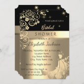 黒エレガント色、金ゴールド花ドレスブライダルシャワー 招待状 (正面/裏面)