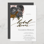 黒エレガント花ブライダルシャワー 招待状 (正面/裏面)