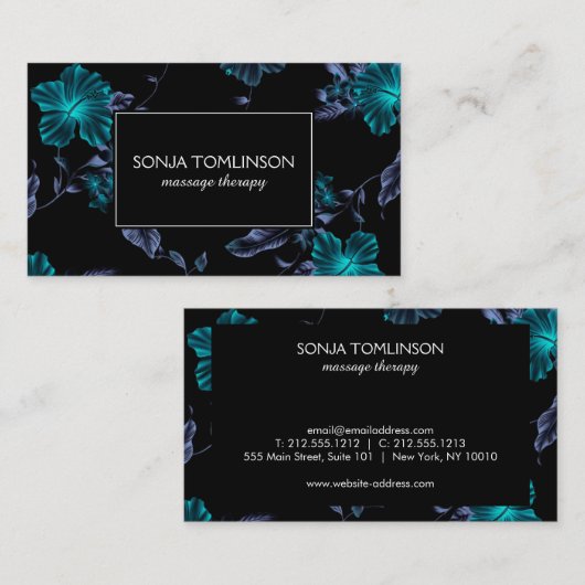 黒エレガント花柄名刺の氏名 名刺 (正面/裏面)