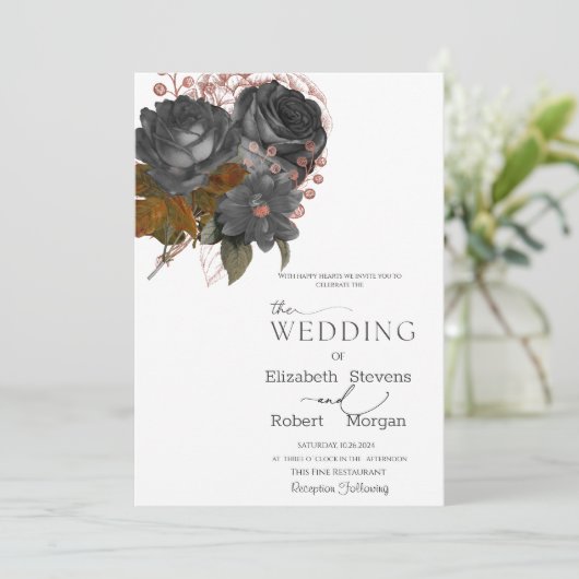黒エレガント花結婚式招待状 招待状 (スタンド正面)