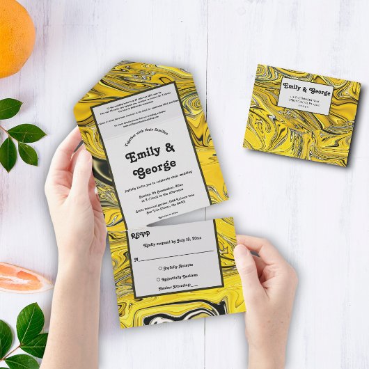 黒エレガント芸術的金ゴールド抽象芸術ア結婚ート オールインワン招待状