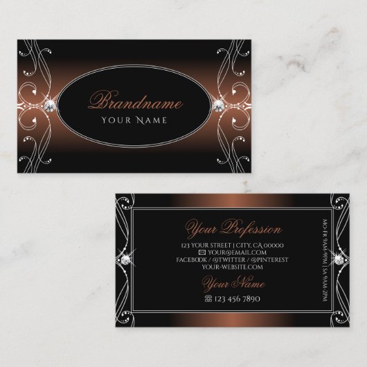 黒エレガント茶色の華美輝く宝石スタイリッシュ 名刺 (正面/裏面)