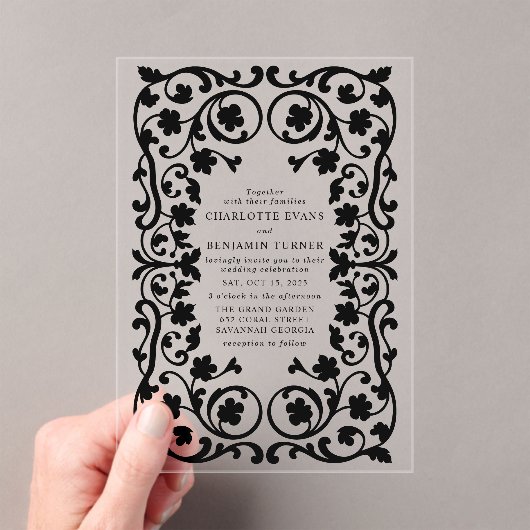 黒エレガント華美フローラ結婚フレーム アクリル招待状 (インサイチュ (ポータブル))