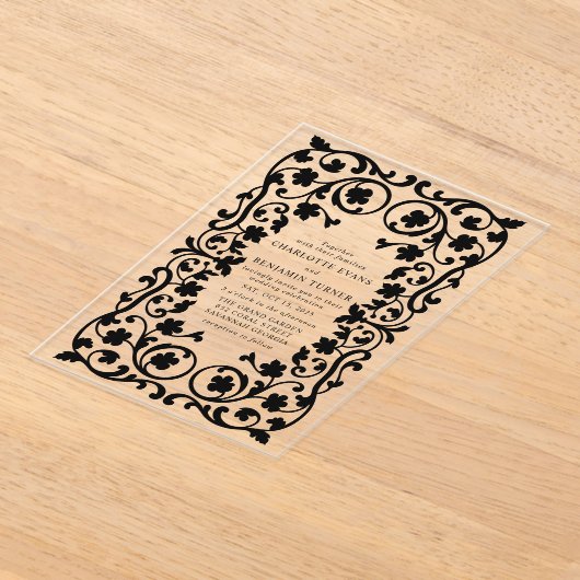 黒エレガント華美フローラ結婚フレーム アクリル招待状 (レイダウン)