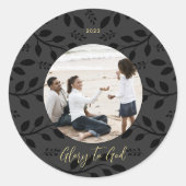 黒エレガント葉栄光へクリスマス写真 ラウンドシール (正面)