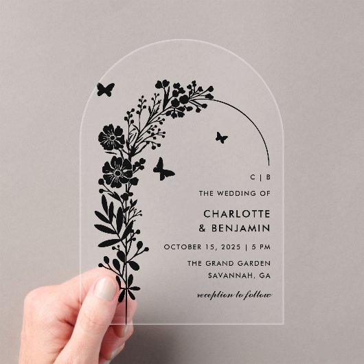 黒エレガント蝶ボタニカル結婚ズ アクリル招待状 (インサイチュ (ポータブル))