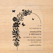 黒エレガント蝶ボタニカル結婚ズ アクリル招待状 (正面)