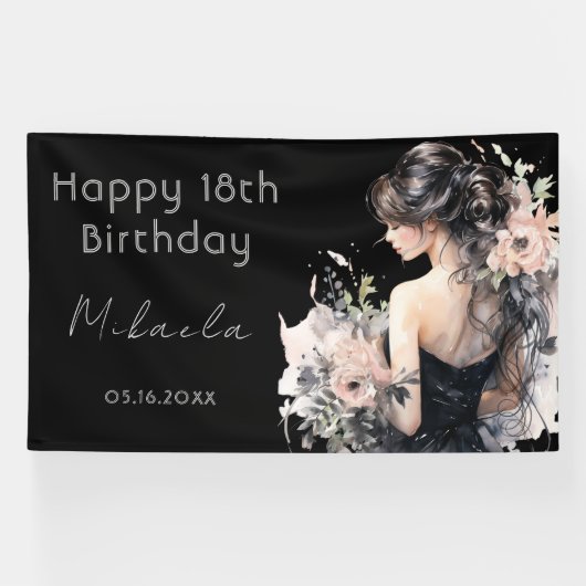 黒エレガント衣18誕生日ウェルカムバナー 横断幕 (横)