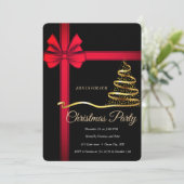 黒エレガント赤いリボン – 金ゴールドクリスマスツリー 招待状 (スタンド正面)