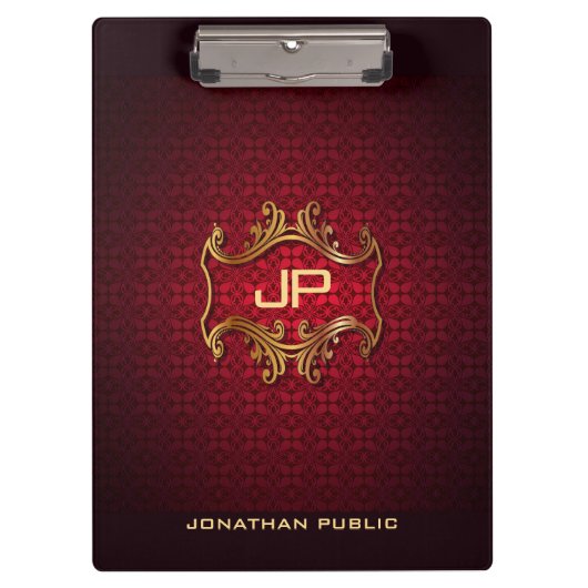 黒エレガント赤ダマスクモノグラムクラシックテンプレート クリップボード (正面)
