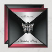 黒エレガント赤ピンクパールジュエル誕生日銀 招待状 (正面/裏面)