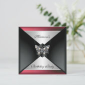 黒エレガント赤ピンクパールジュエル誕生日銀 招待状 (スタンド正面)