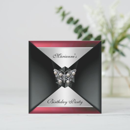 黒エレガント赤ピンクパールジュエル誕生日銀 招待状 (スタンド正面)
