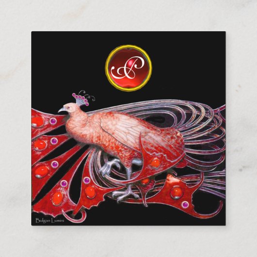 黒エレガント赤ピーコックファッション宝石モノグラム スクエア名刺 (裏面)