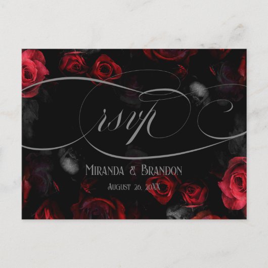 黒エレガント赤フローラ結婚式RSVPポストカード 案内ポストカード (正面)